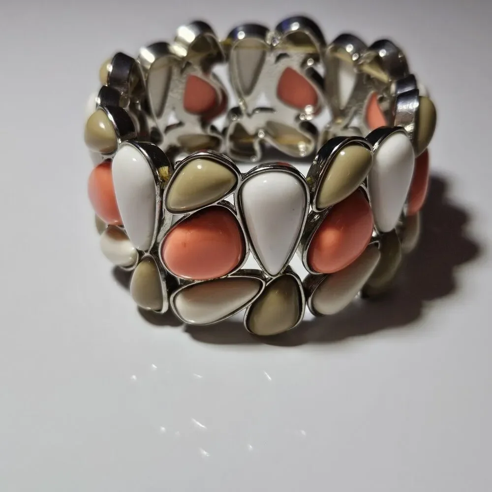 Silver Tone Chunky Pink Tan White Bead Stretch Bracelet 7.5